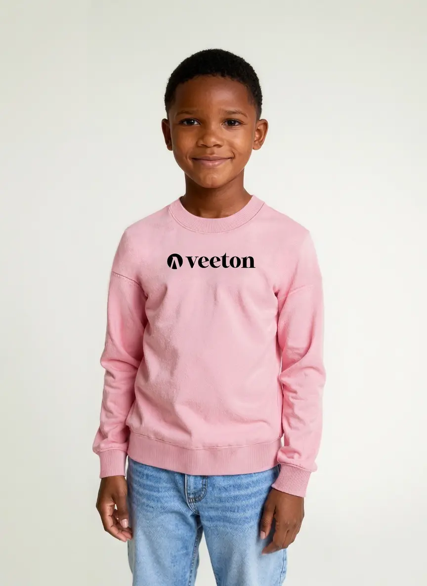 AI-generated child model smiling in pink Veeton sweatshirt and light blue jeans