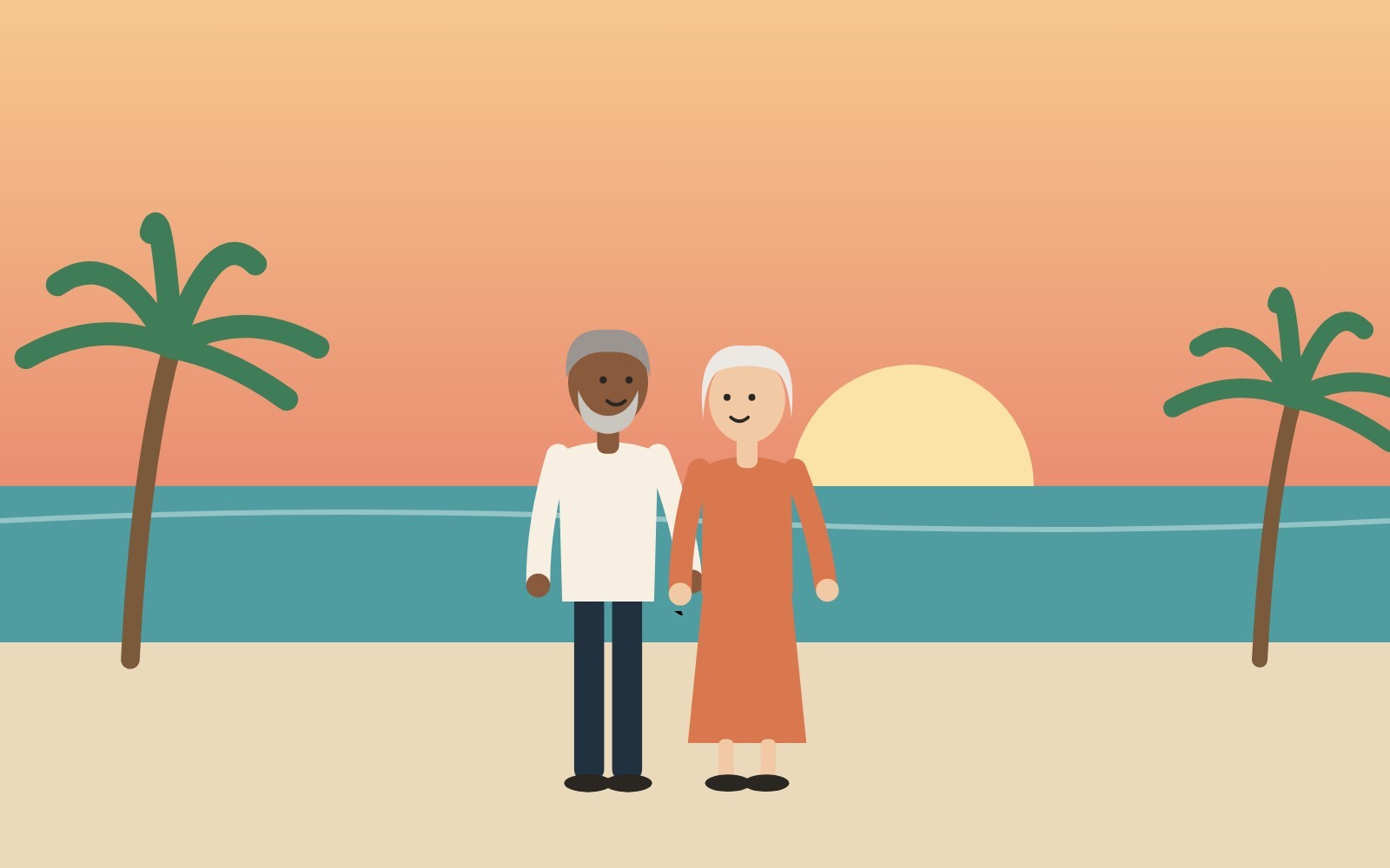 Illustration: an older couple holding hands on a beach at sunset