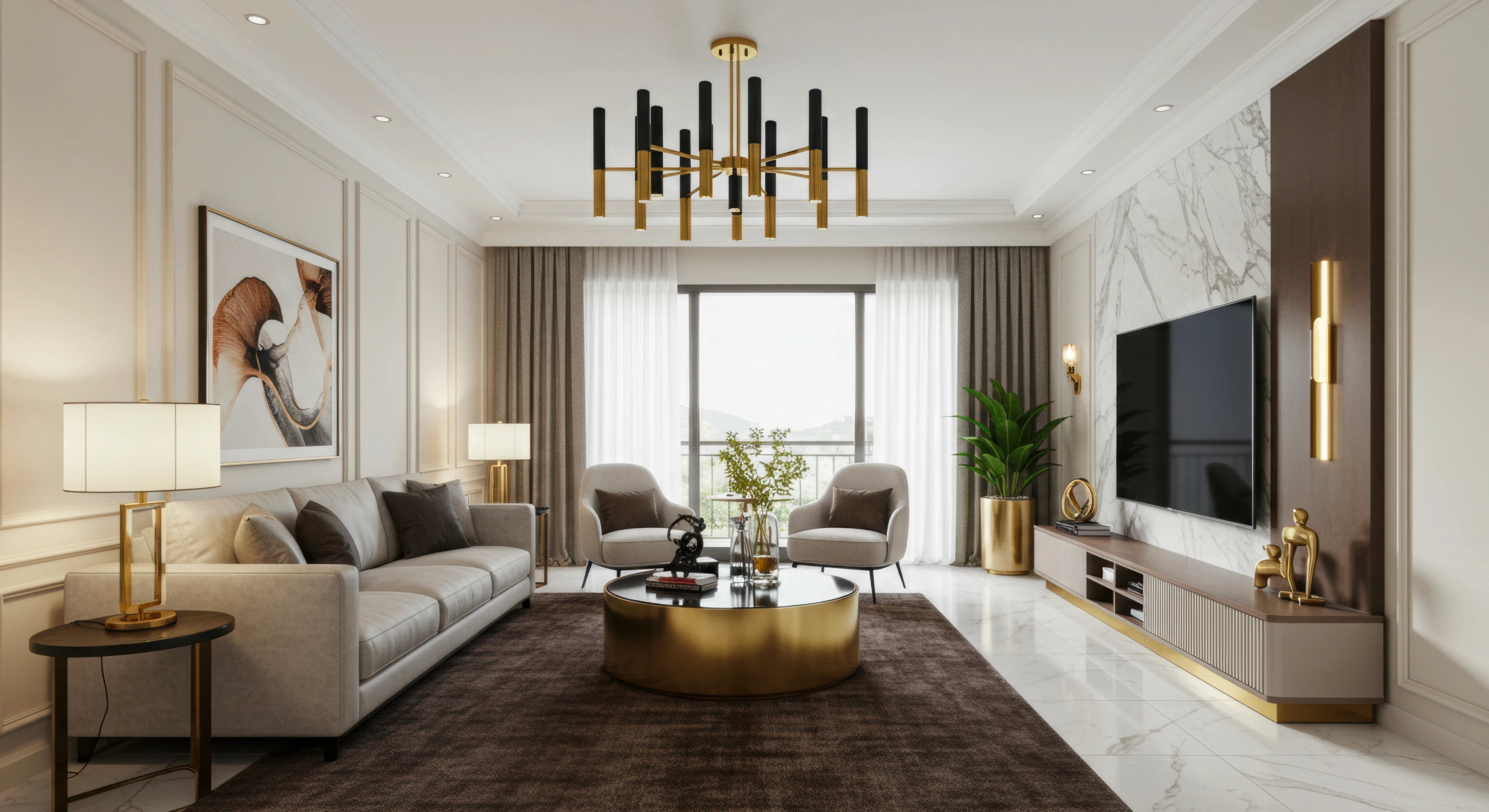 Sophisticated living room with a beige sofa, modern art, and a dark chandelier. A large TV on a marble wall, and a round, gold coffee table exude luxury.