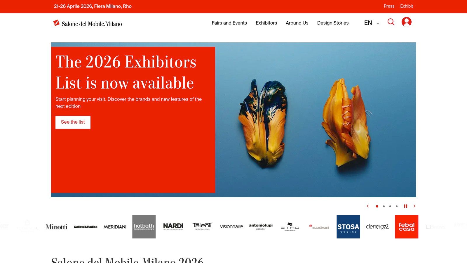 A colourful, modern furniture exhibition hall at Salone del Mobile, showcasing innovative chairs and tables.