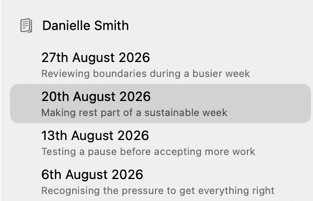 Danielle Smith’s completed session on 20th August 2026 selected in the sidebar.