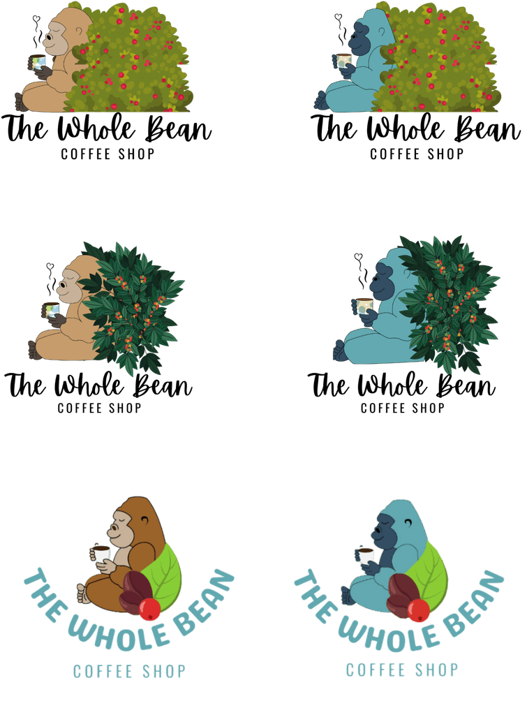 Six logo variations exploring plant detail and gorilla color—from warm brown to cool teal. The top and middle rows show detailed coffee plants with different leaf textures. The bottom row features a simplified circular layout with a stylized leaf, coffee bean, and cherry beside the gorilla.