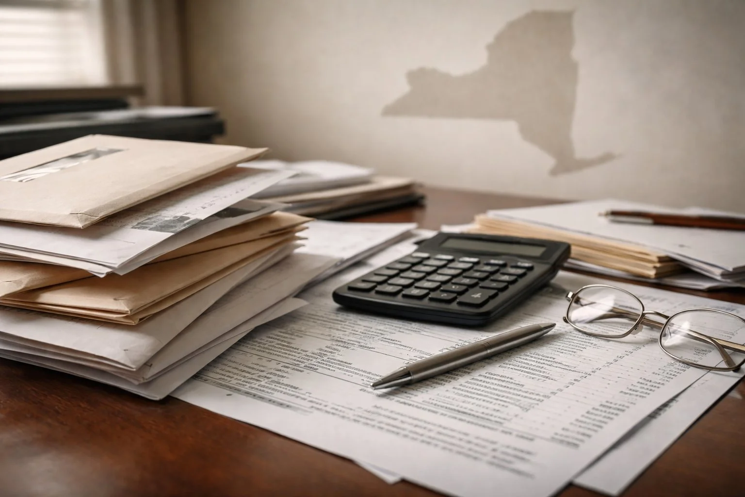 Close-up of a desk with unopened official mail, tax documents, and a calculator, with a subtle New York State outline in the background, suggesting unresolved financial obligations.