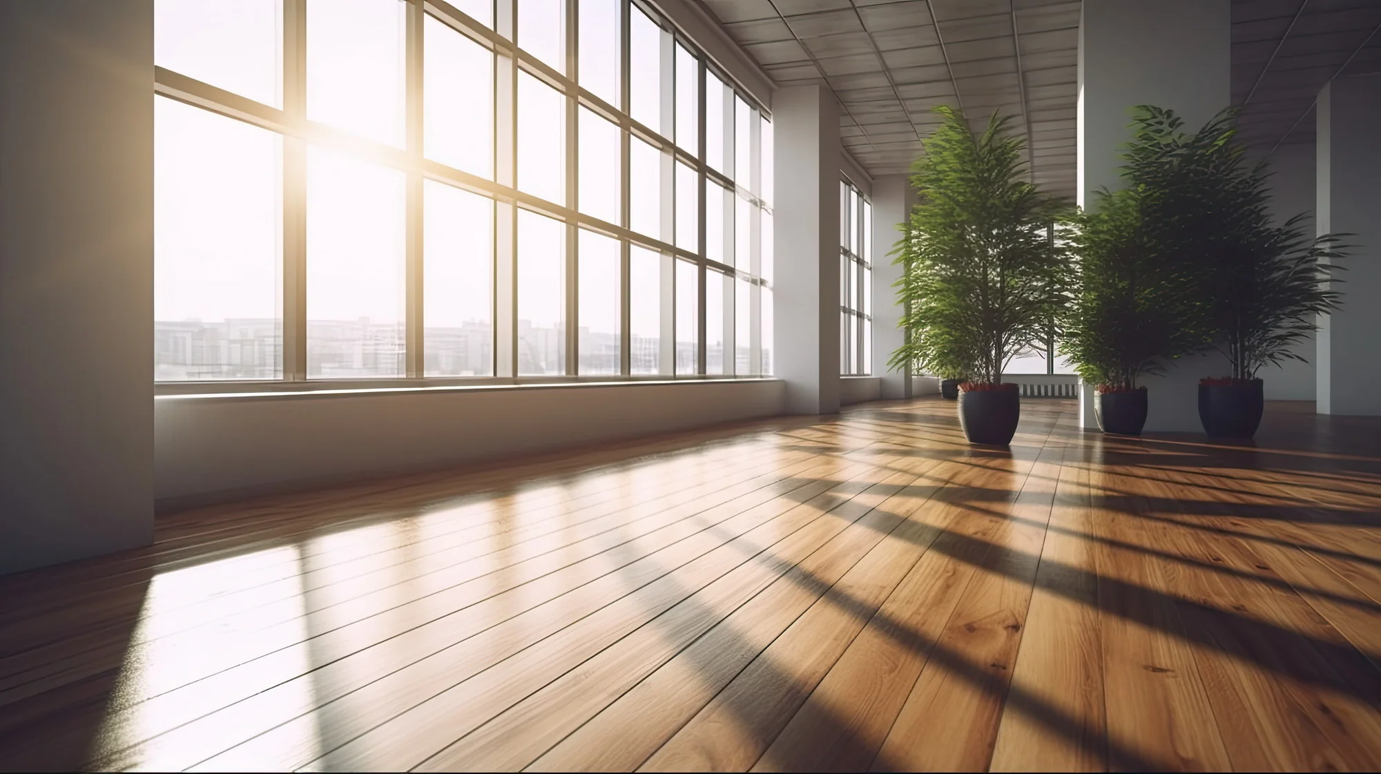 現代寫字樓裝修採用耐磨 SPC 地板，陽光透過落地大窗映照自然木紋，展示高品質石塑地板材料效果。