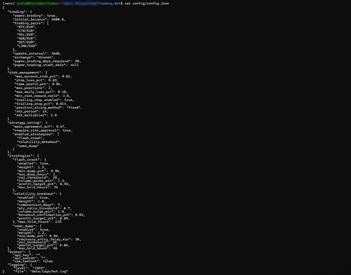 Trading bot configuration file with paper trading, risk management and strategy settings