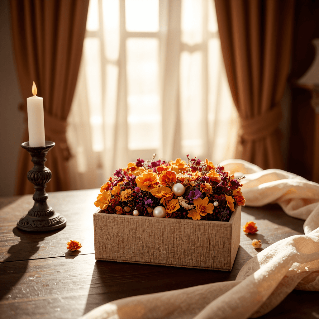 product photography of a decorative box containing dried flowers and embellishments
