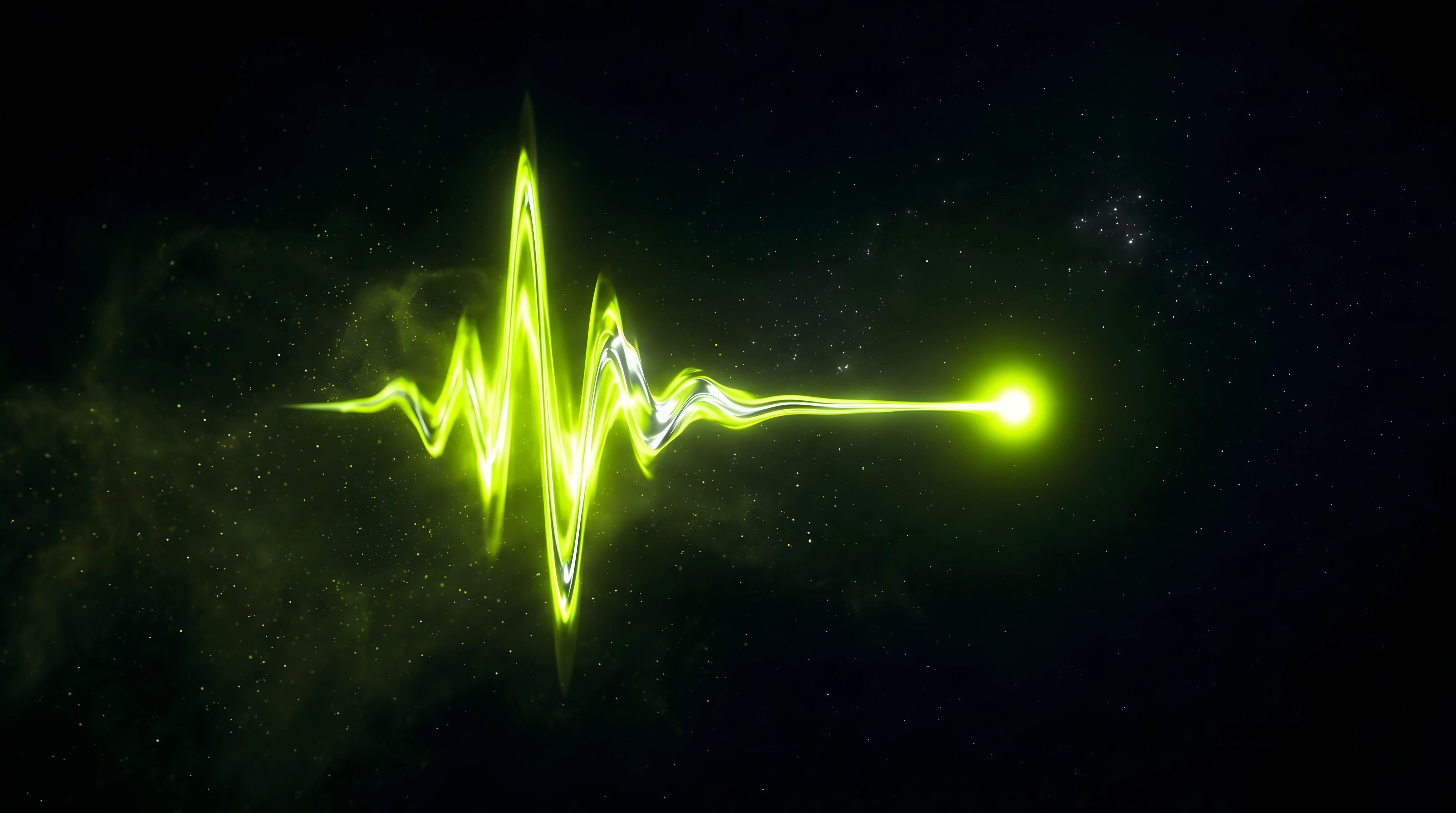 Bioluminescent Noir composition of a single glowing toxic lime waveform pulse resolving into a stable point against deep void black, evoking a one-second sound logo.