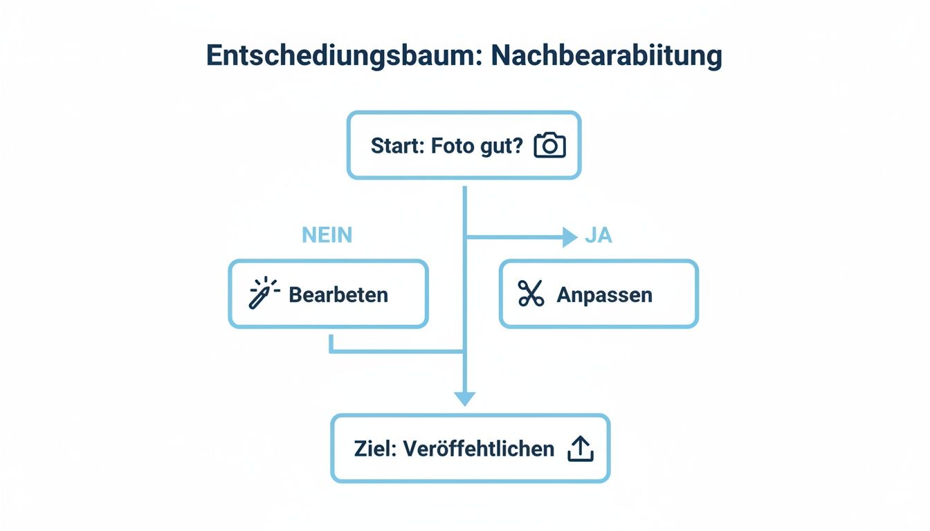 Ein Entscheidungsbaum zur Nachbearbeitung von Fotos. Er zeigt die Schritte vom Start bis zum Ziel Veröffentlichen mit Optionen zum Bearbeiten und Anpassen.