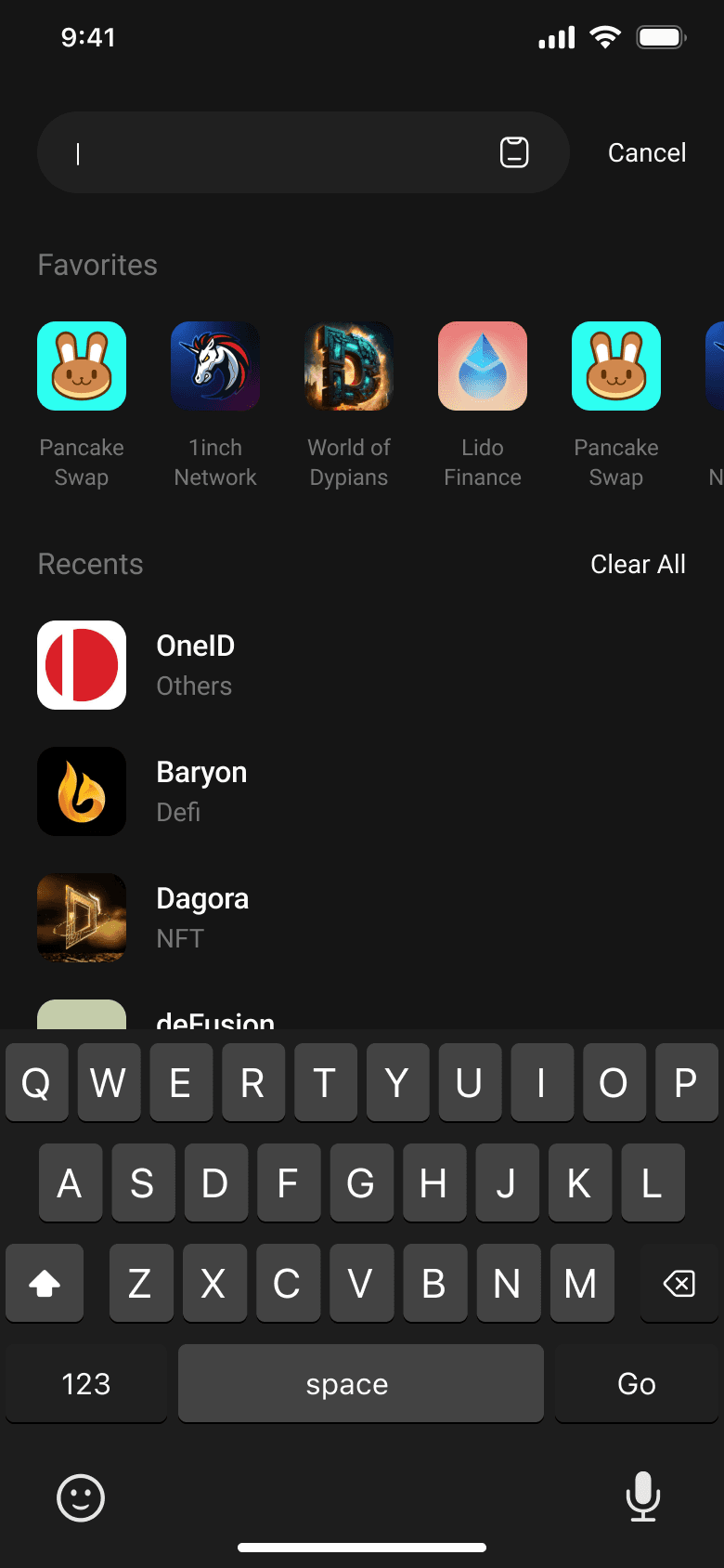 Search focus state — Favorites and Recents