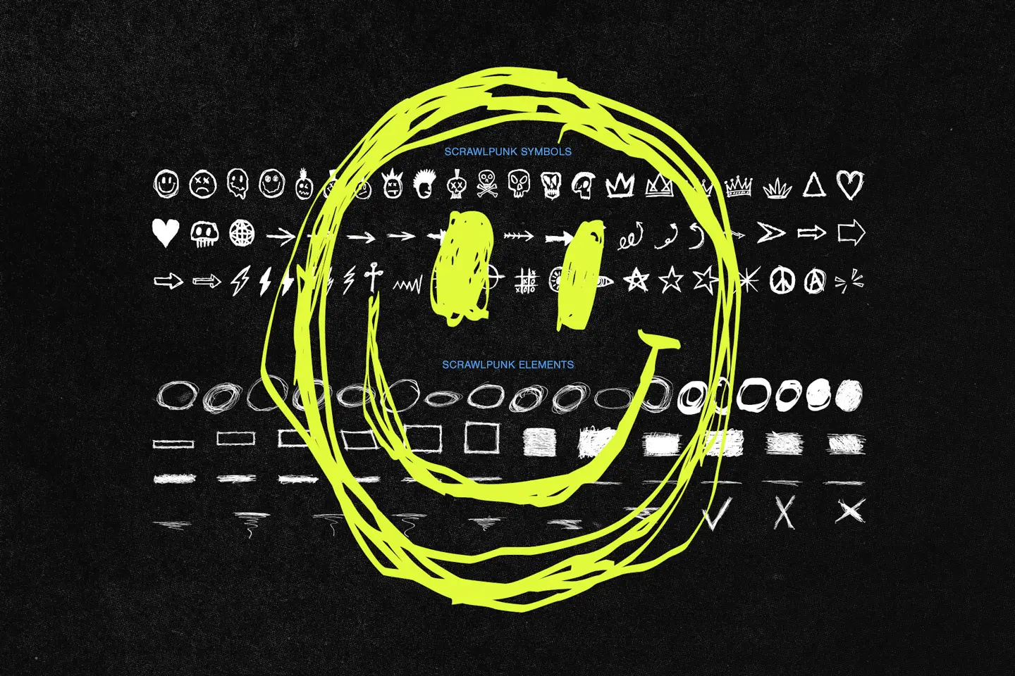 Overview of extra hand drawn symbols and bonus elements included in the Scrawlpunk font package