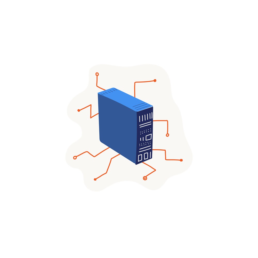 Een isometrische illustratie van een blauwe serverunit. Vanuit de server lopen oranje lijnen met cirkelvormige uiteinden naar buiten, wat een netwerkverbinding of datastroom symboliseert. De achtergrond is een zachte, organische grijze vorm.