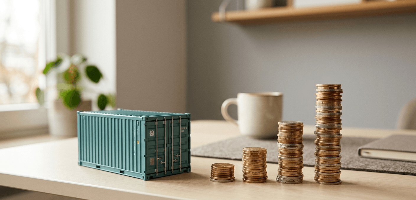 Miniature shipping container on a desk next to progressively taller stacks of coins