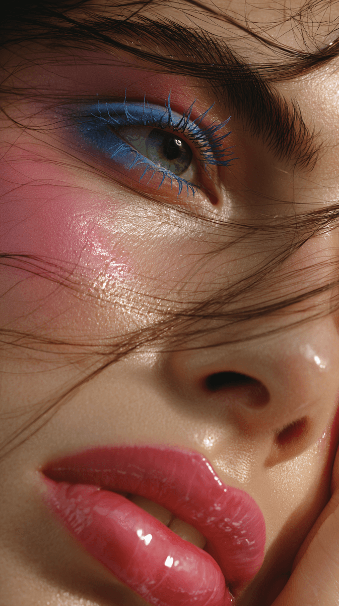 Close-up of a face with vibrant makeup, including blue eyeshadow and bright pink blush, partially covered by flowing hair.