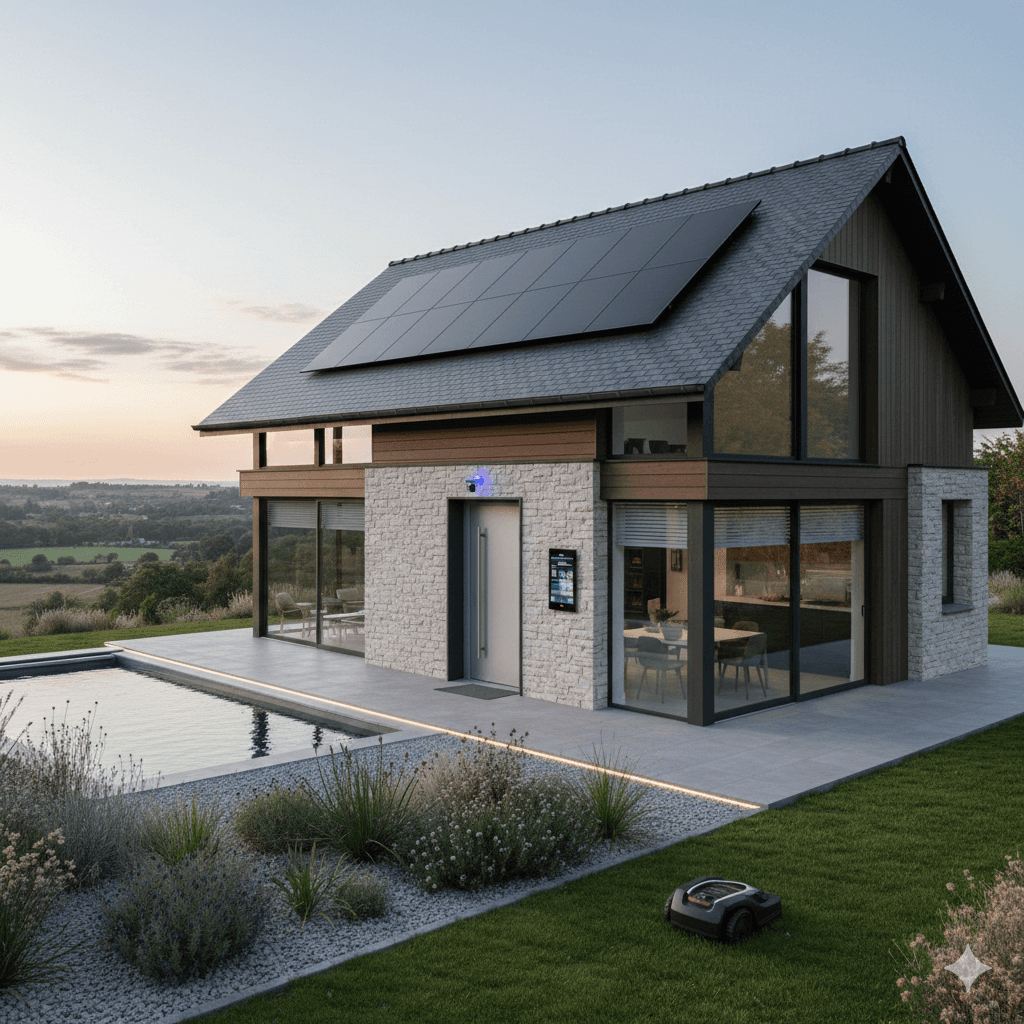 photo d'une maison avec des panneaux solaires et des solutions domotiques