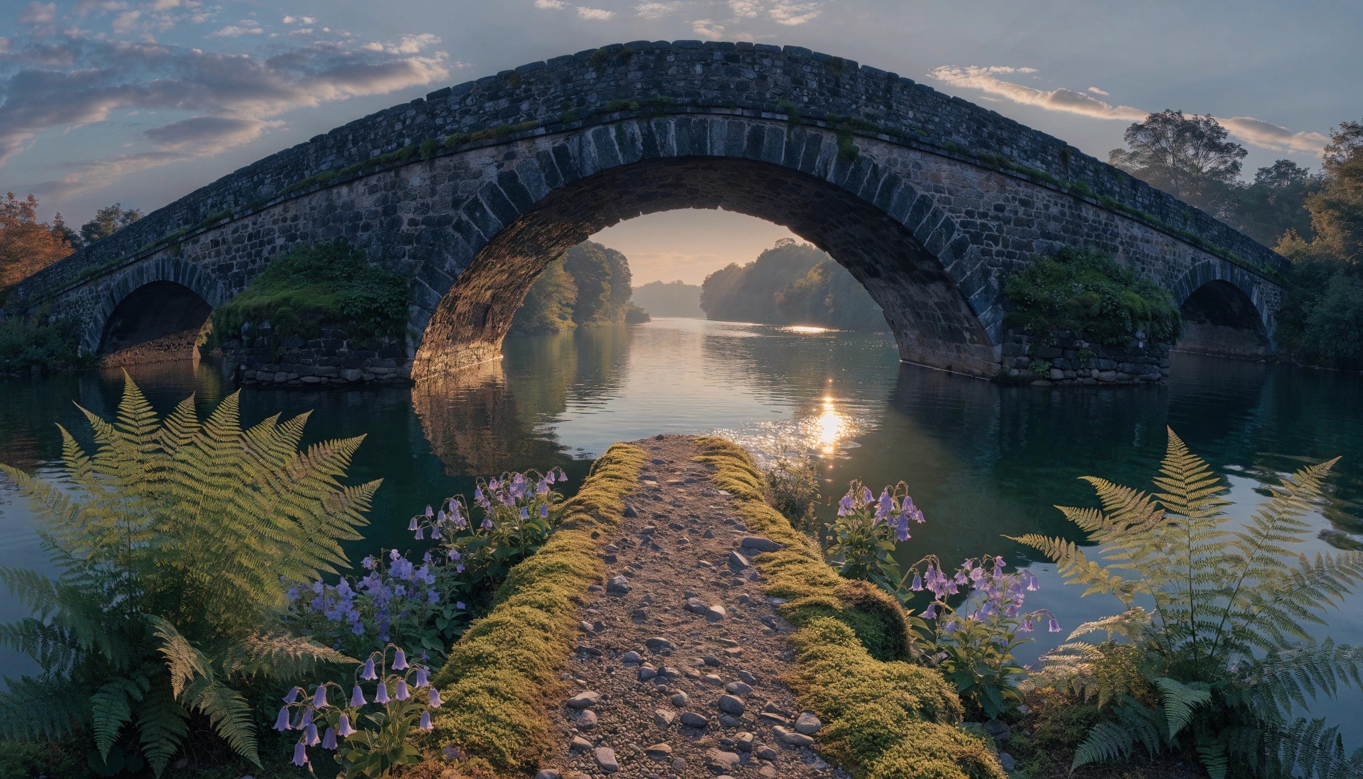 A wide-angle, cinematic hyper-realistic 8k photograph of a stone bridge arching over a tranquil, golden river at sunset.