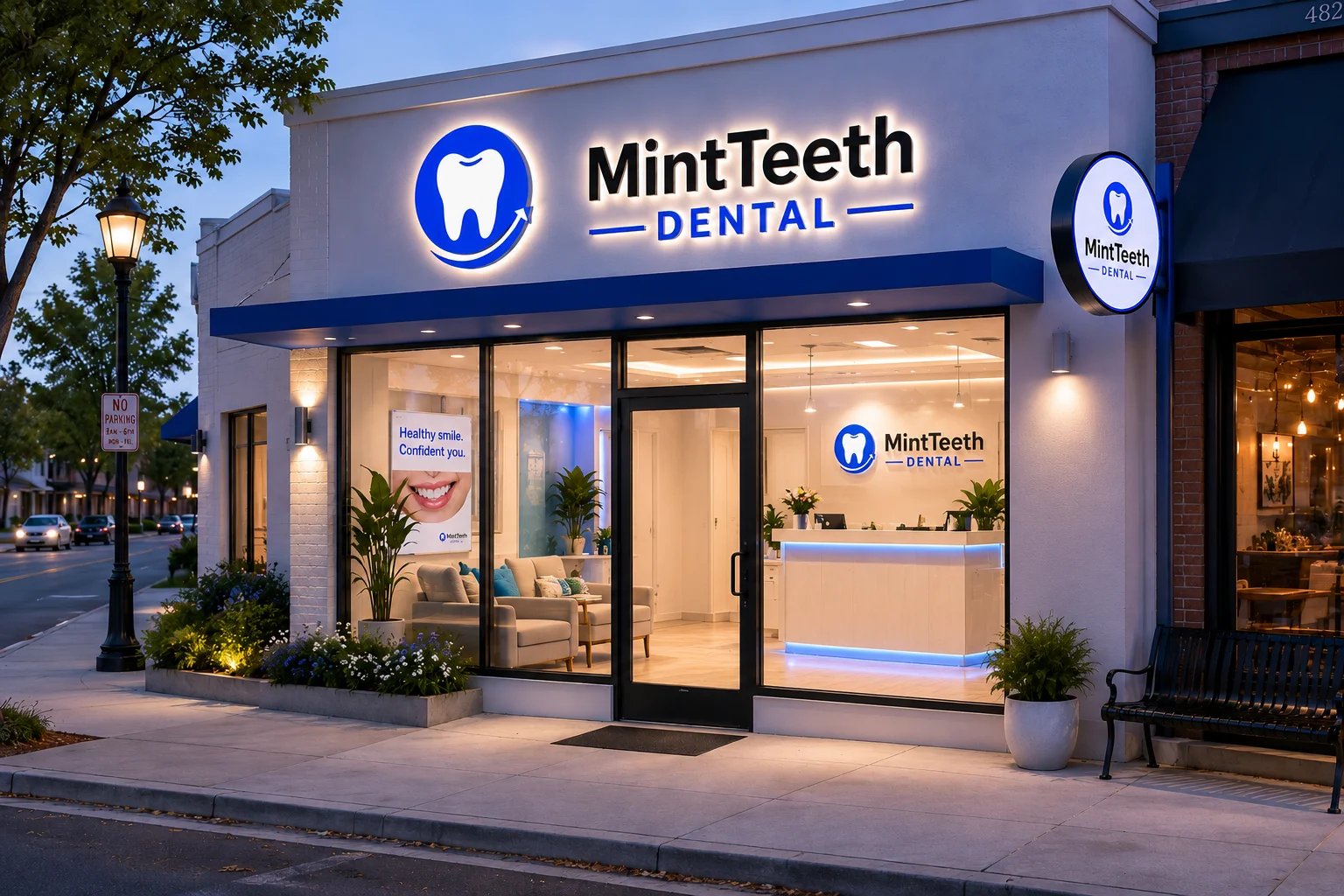 MintTeeth Dental clinic exterior with illuminated signage and reception area