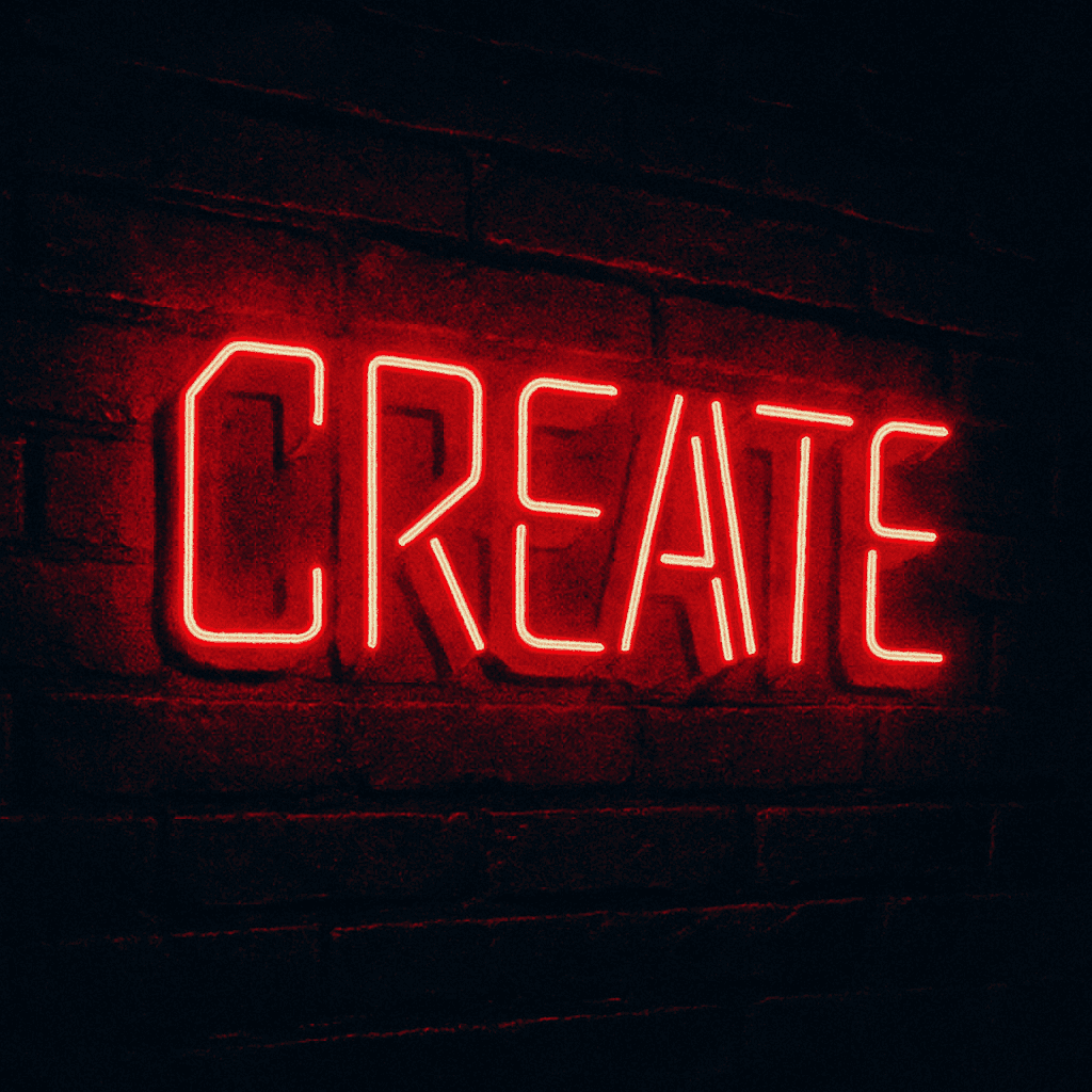 Neon red “CREATE” sign with circular white text reading “We are a subscription-based full creative studio from Chicago,” representing Quickie Studio’s bold energy and subscription-based creative model.