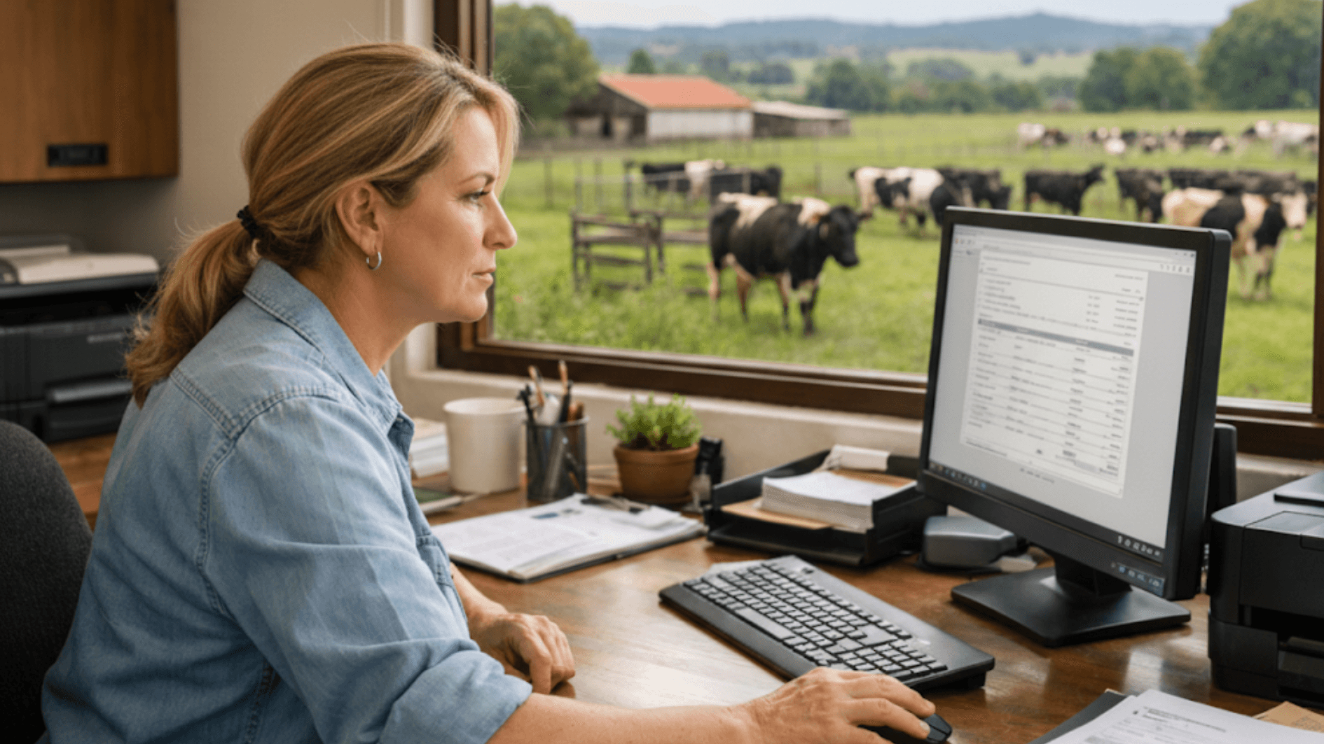 Mulher em escritório rural emitindo nota fiscal de acordo com a reforma tributária no computador.