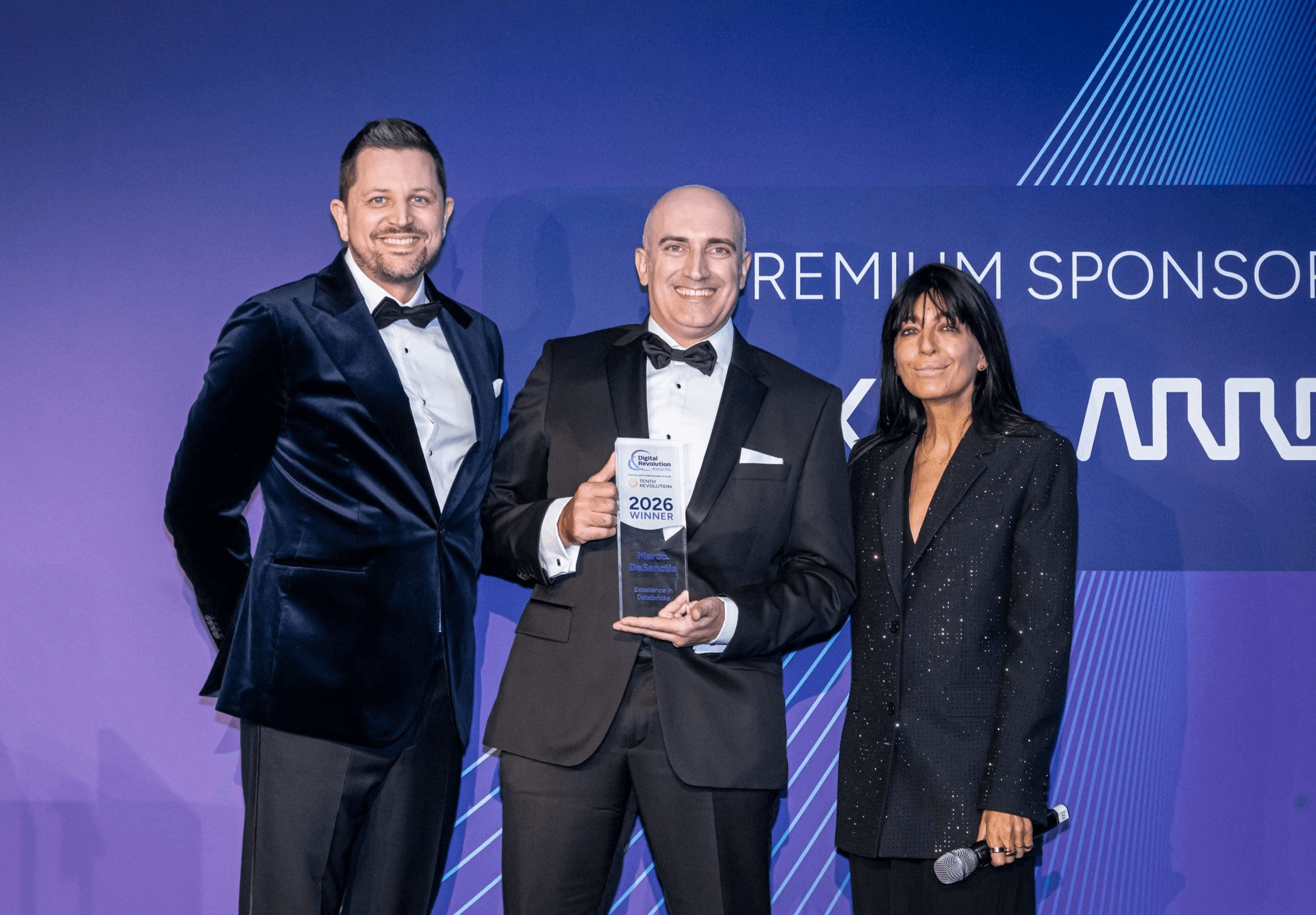 Marco DeSanctis from Mondra at the Digital Revolution Awards with Claudia Winkleman