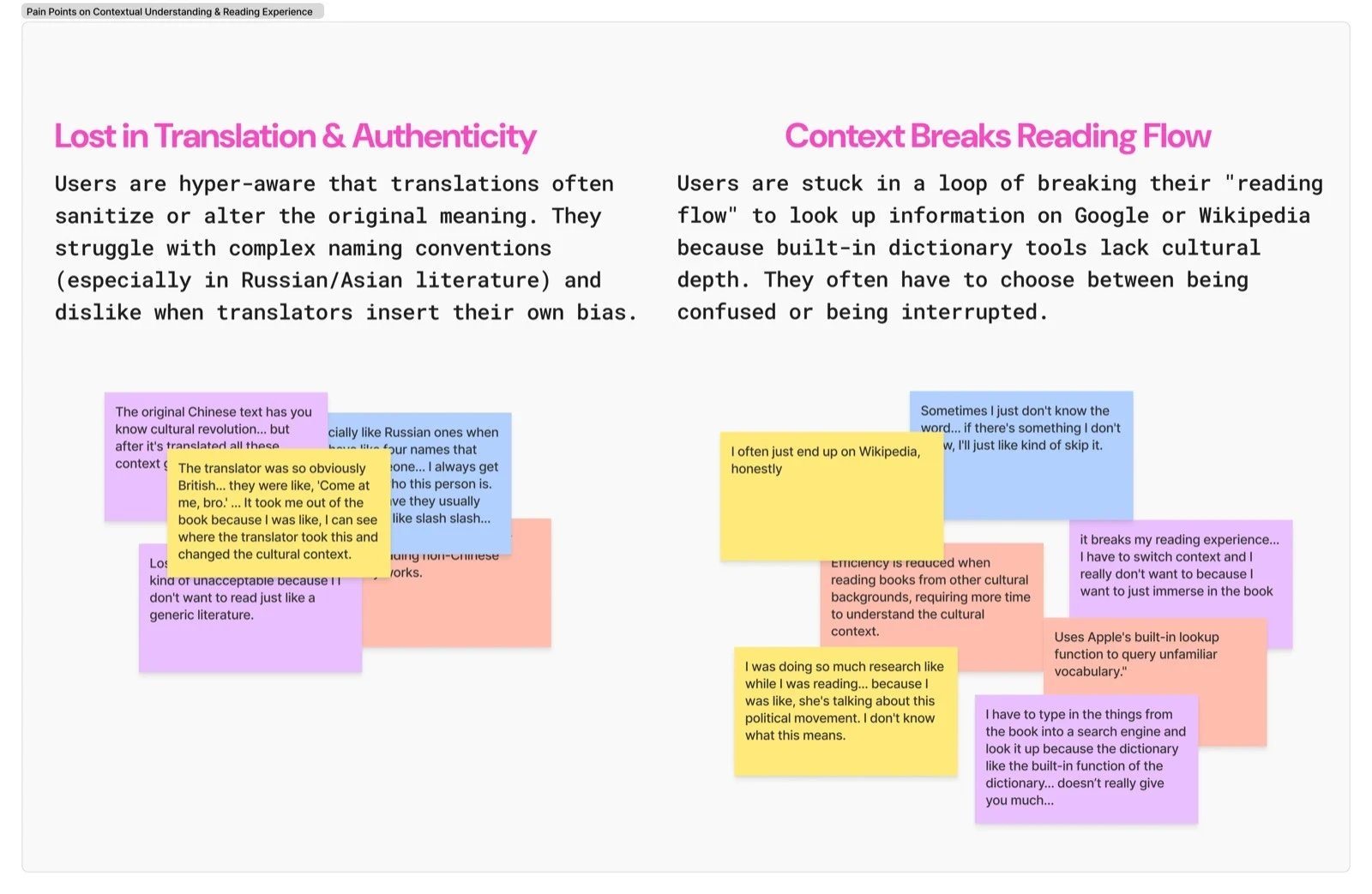 Grouped interview notes on lost meaning in translation and interruptions to reading flow