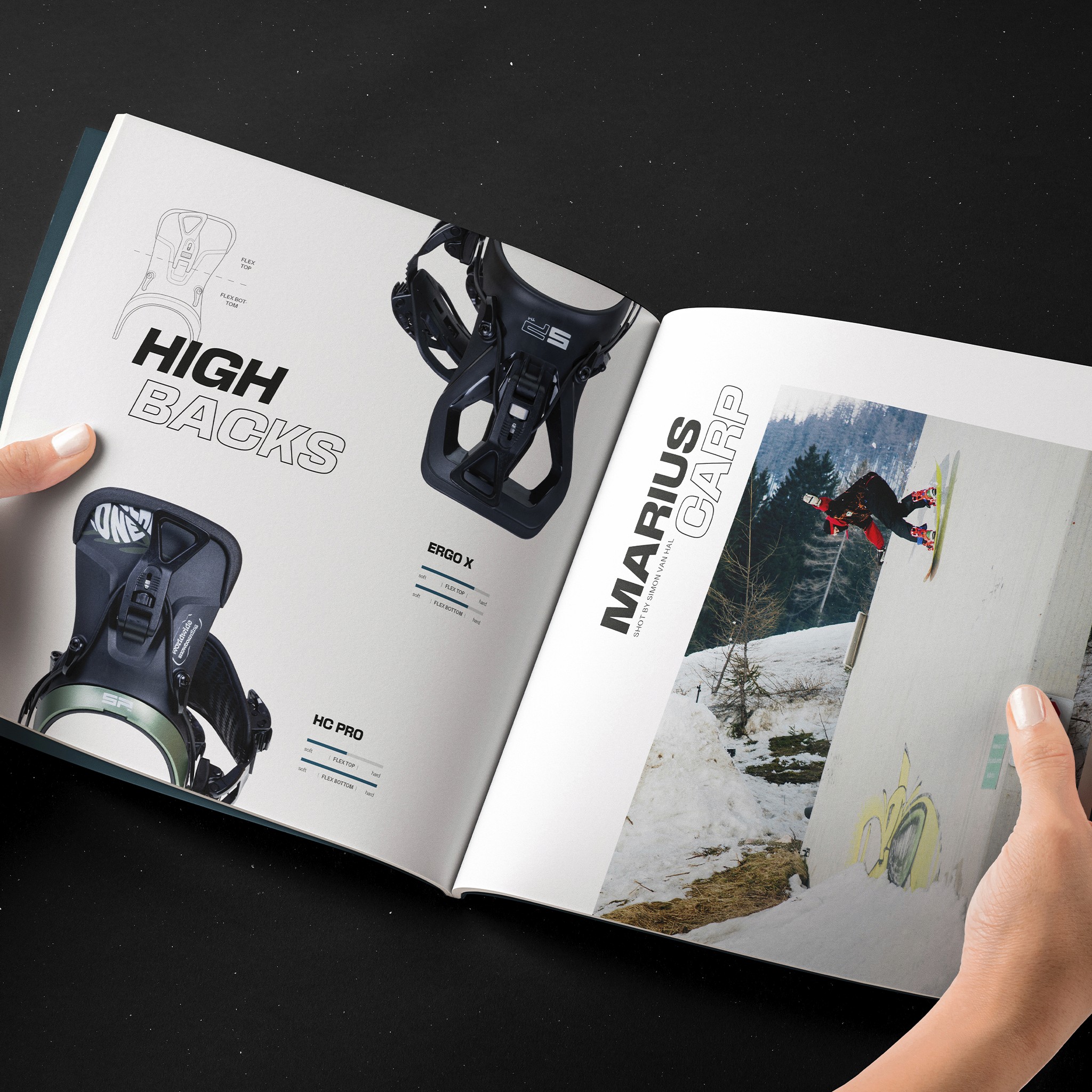 Aufgeschlager SP Bindung Katalog mit Abbildungen von Bindungen und Snowboardtrick