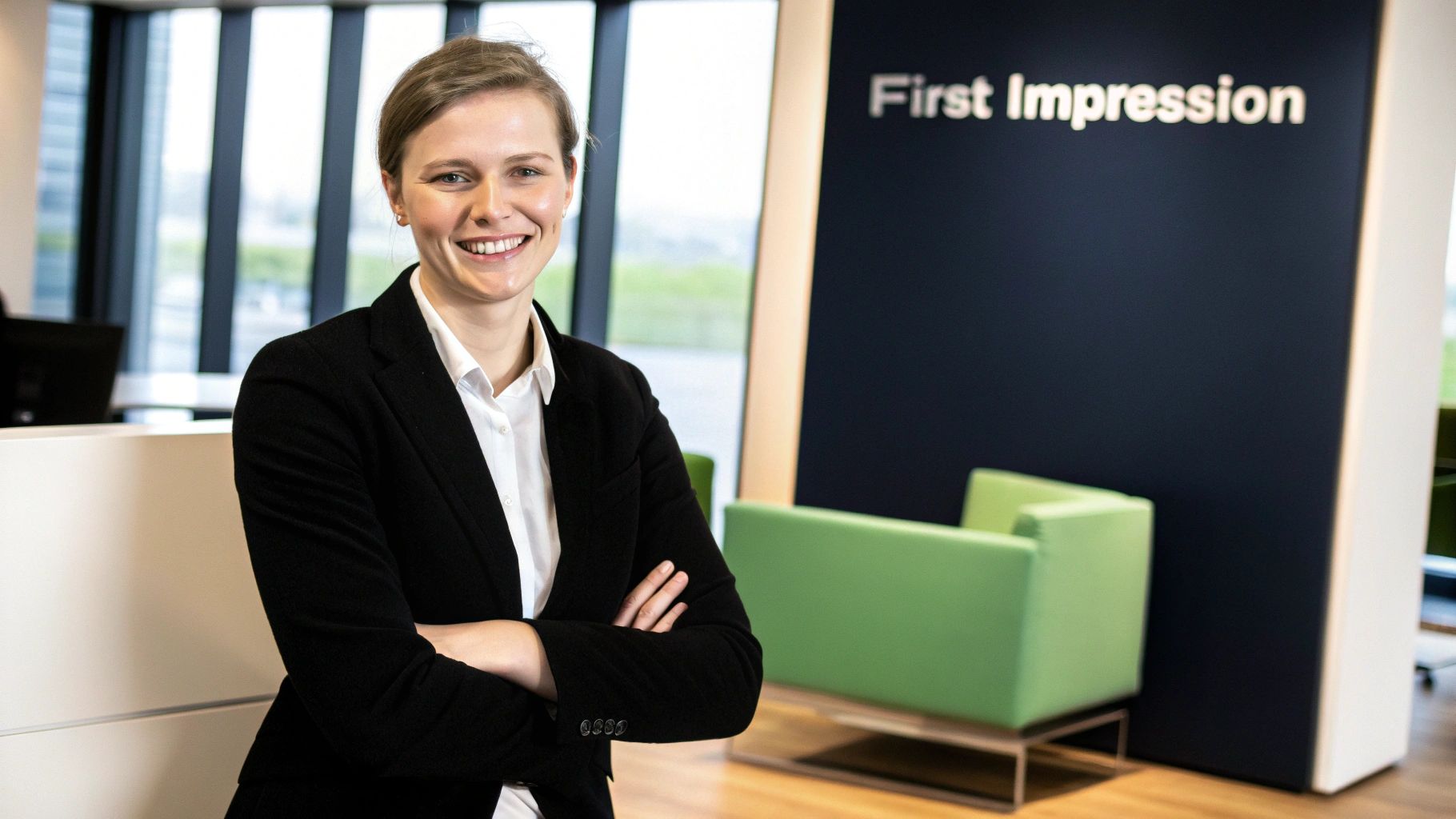 A professional woman looking at her LinkedIn profile on a laptop, with an overlay of a profile picture and headline.