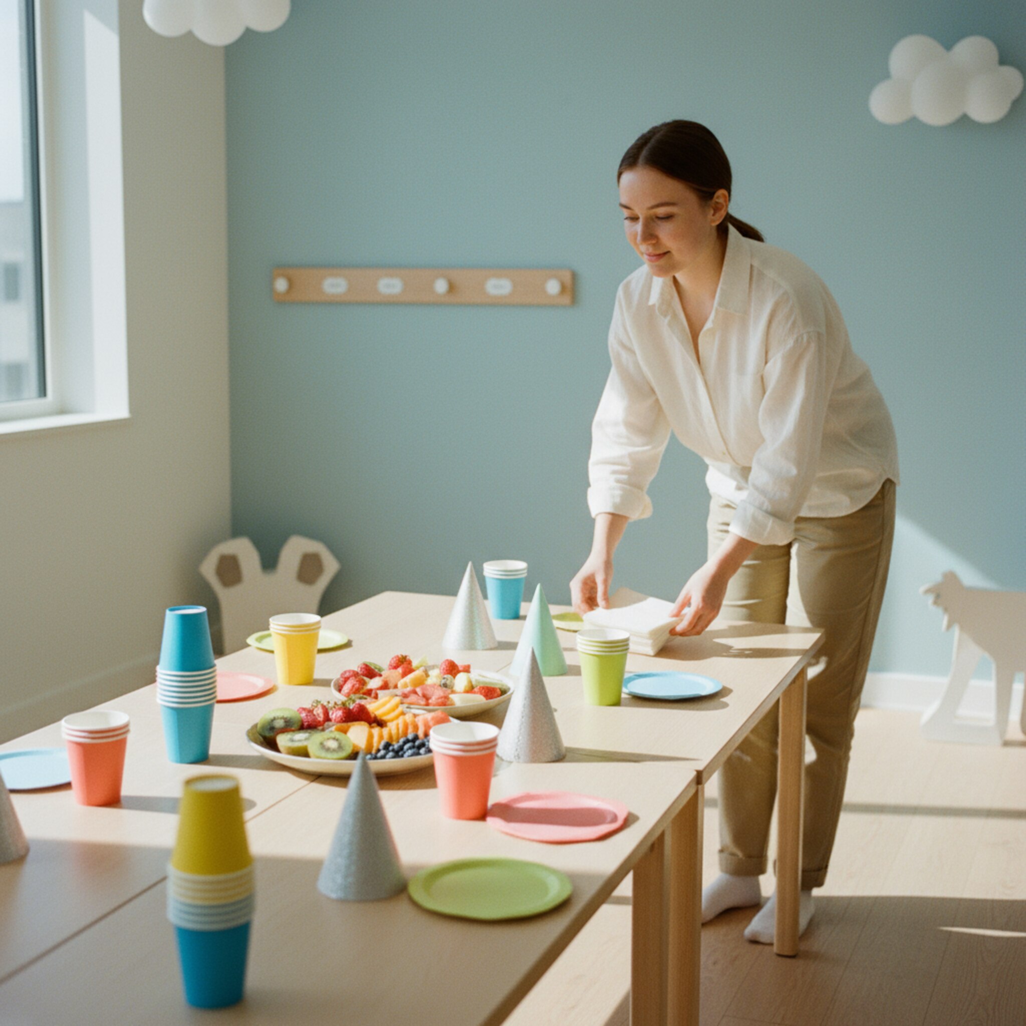 Ein heller Partyraum ist aufgeräumt vorbereitet: Bunte Pappbecher, eine kleine Obstplatte und sauber gefaltete Geburtstagshüte stehen bereit. An der Wand hängt ein dezenter Namensschild-Haken für Jacken. Ein Mitarbeiter legt Servietten ordentlich hin, die Atmosphäre wirkt freundlich und entspannt.