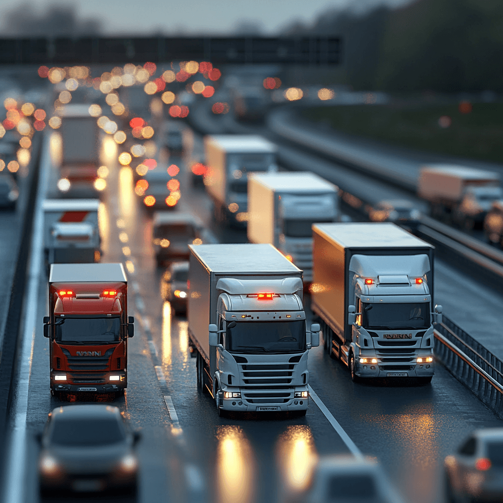 Traffic congestion on a highway following a truck accident with emergency response vehicles at the scene.  