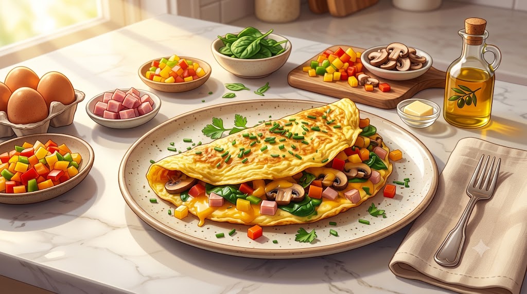 A vibrant, high-end illustration of a gourmet folded egg omelet on a plate filled with mushrooms, ham, peppers, and cheese, surrounded by fresh ingredients like eggs, spinach, and olive oil on a kitchen counter.