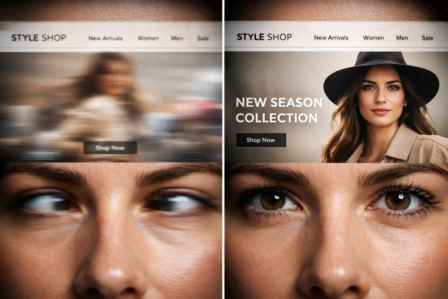 Eye tracking comparison showing distracted attention on video background vs focused gaze on static ecommerce page