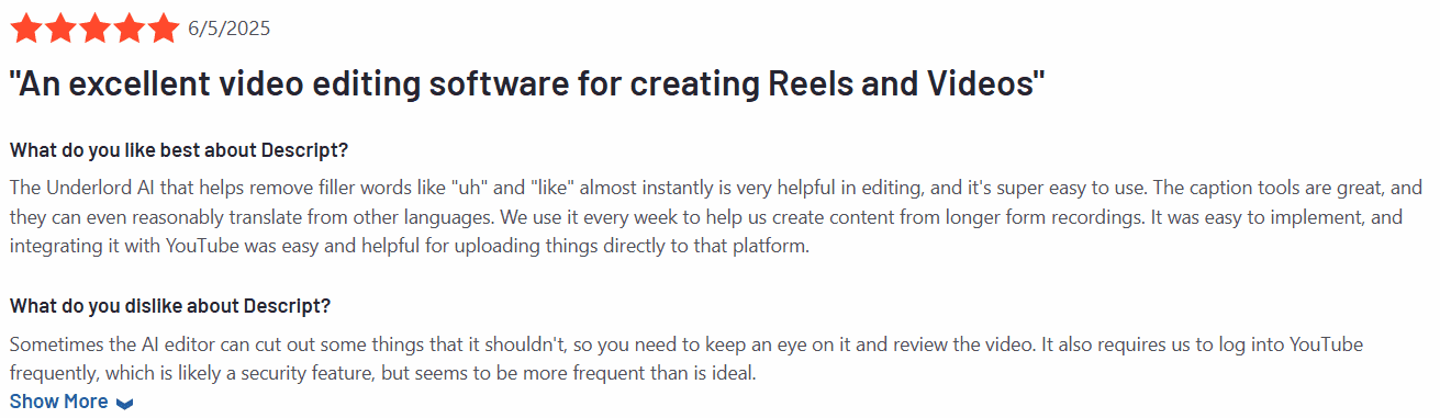 Descript review on G2