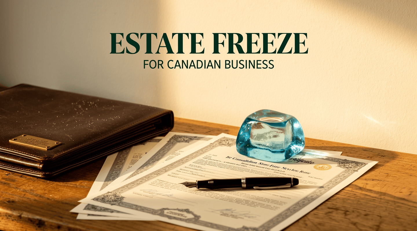 Share certificates with glass paperweight on oak desk with title overlay.