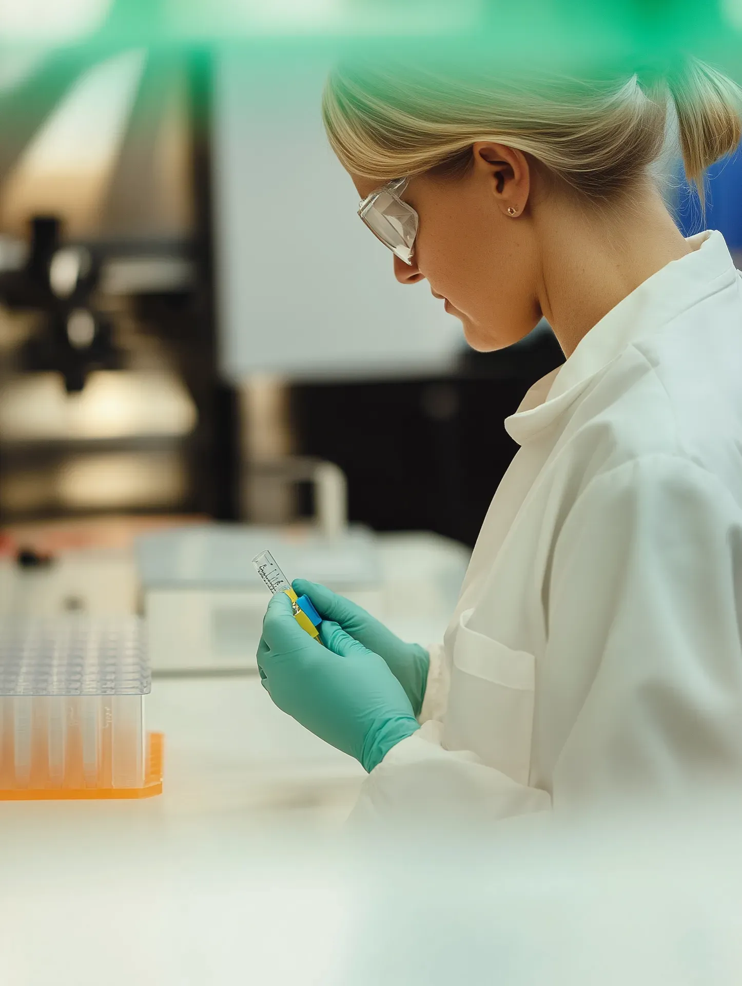 Female scientist wearing a white coat and gloves examines a sample slide in a modern laboratory setting.