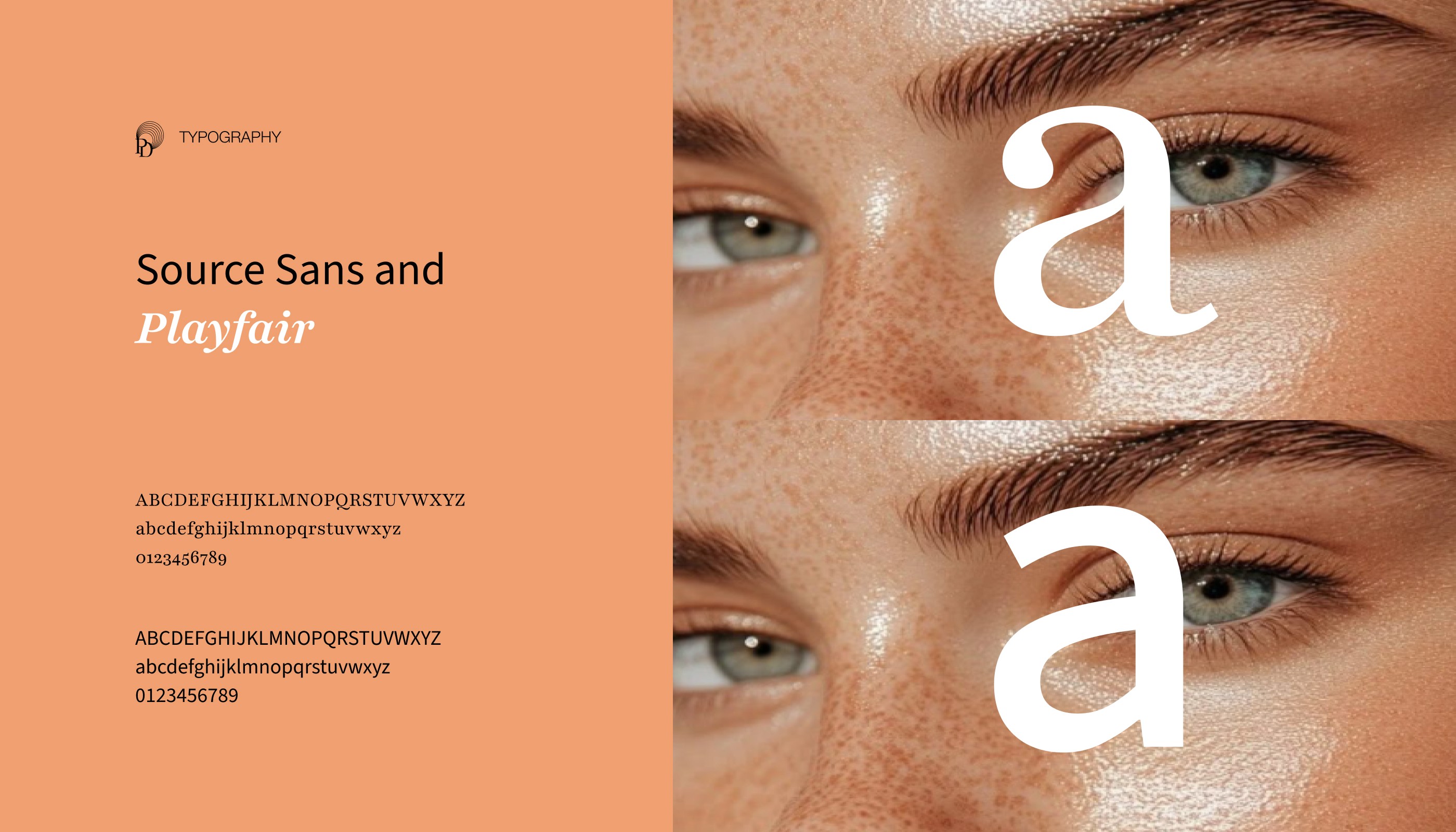 Typography example showcasing the use of Source Sans and Playfair fonts, with a close-up image of a person's eyes and eyebrows, demonstrating the font styles and character sets.