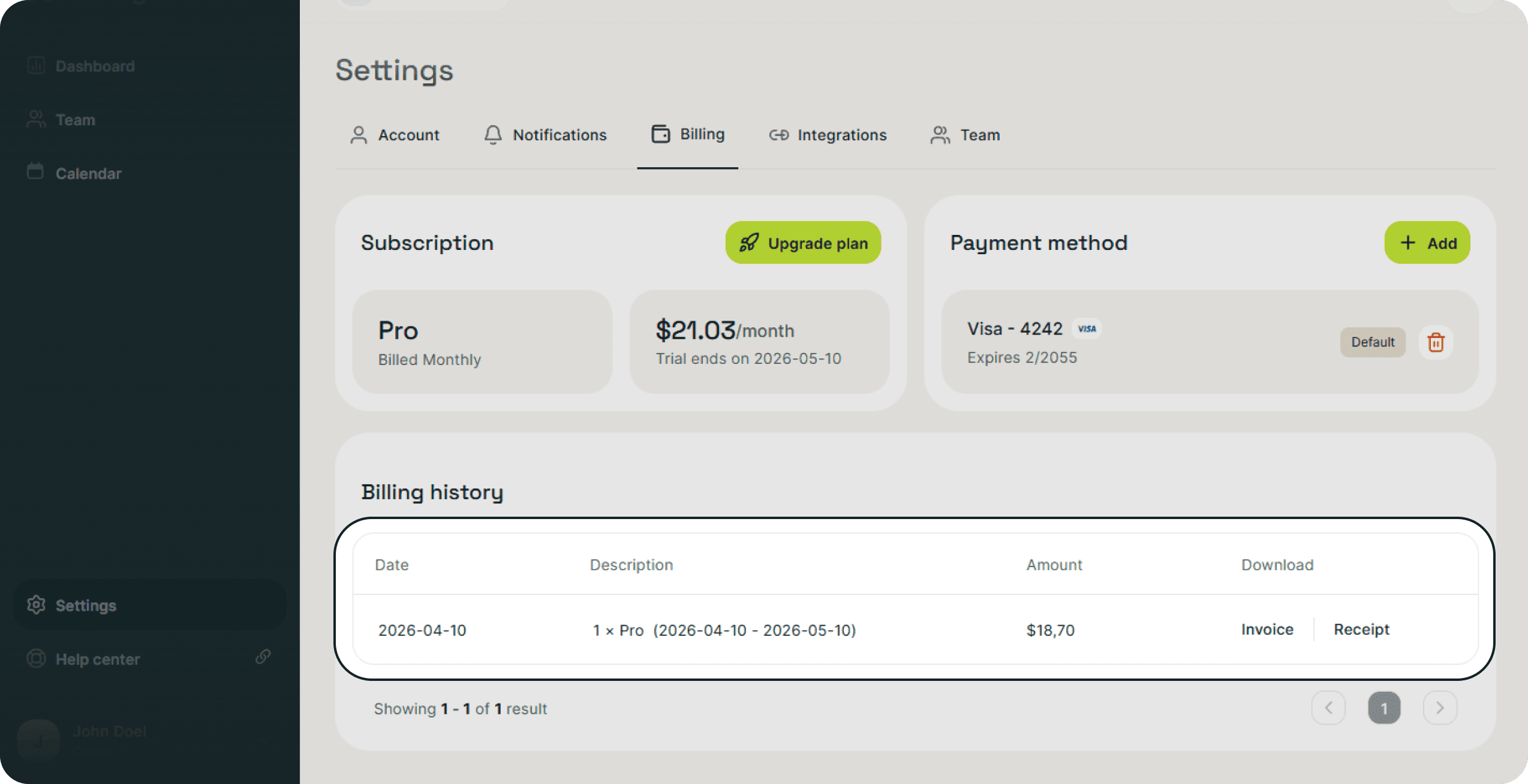 Subsight billing history showing past transactions with invoice and receipt download options.