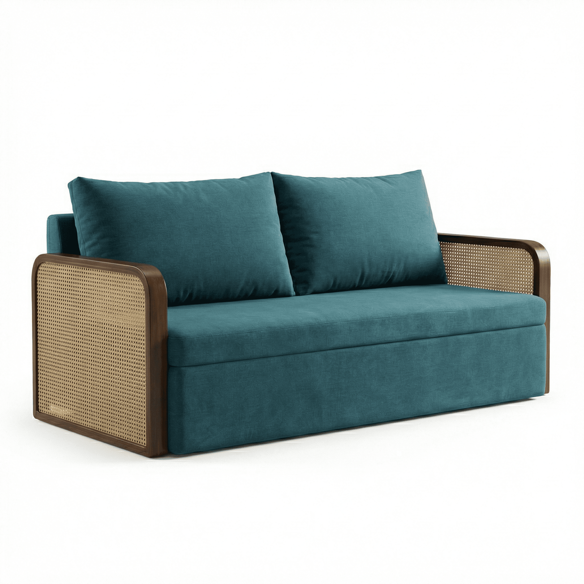 Luxury contemporary cane sofa with teal upholstery and wooden frame
