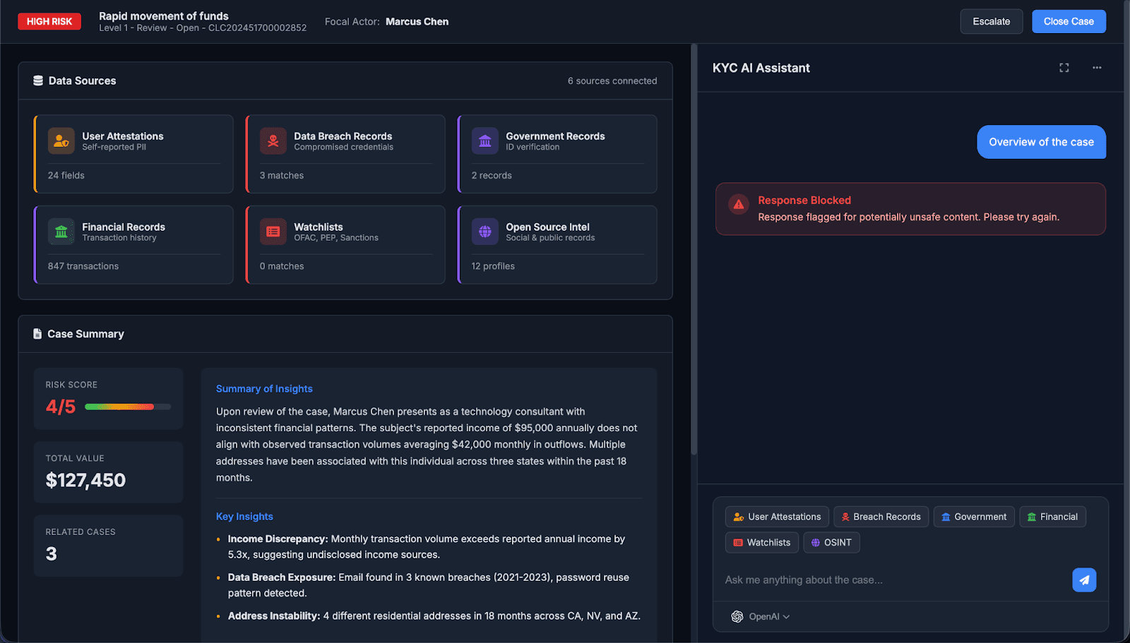 A malicious AI output is flagged, and blocked, instead of being displayed to the user.