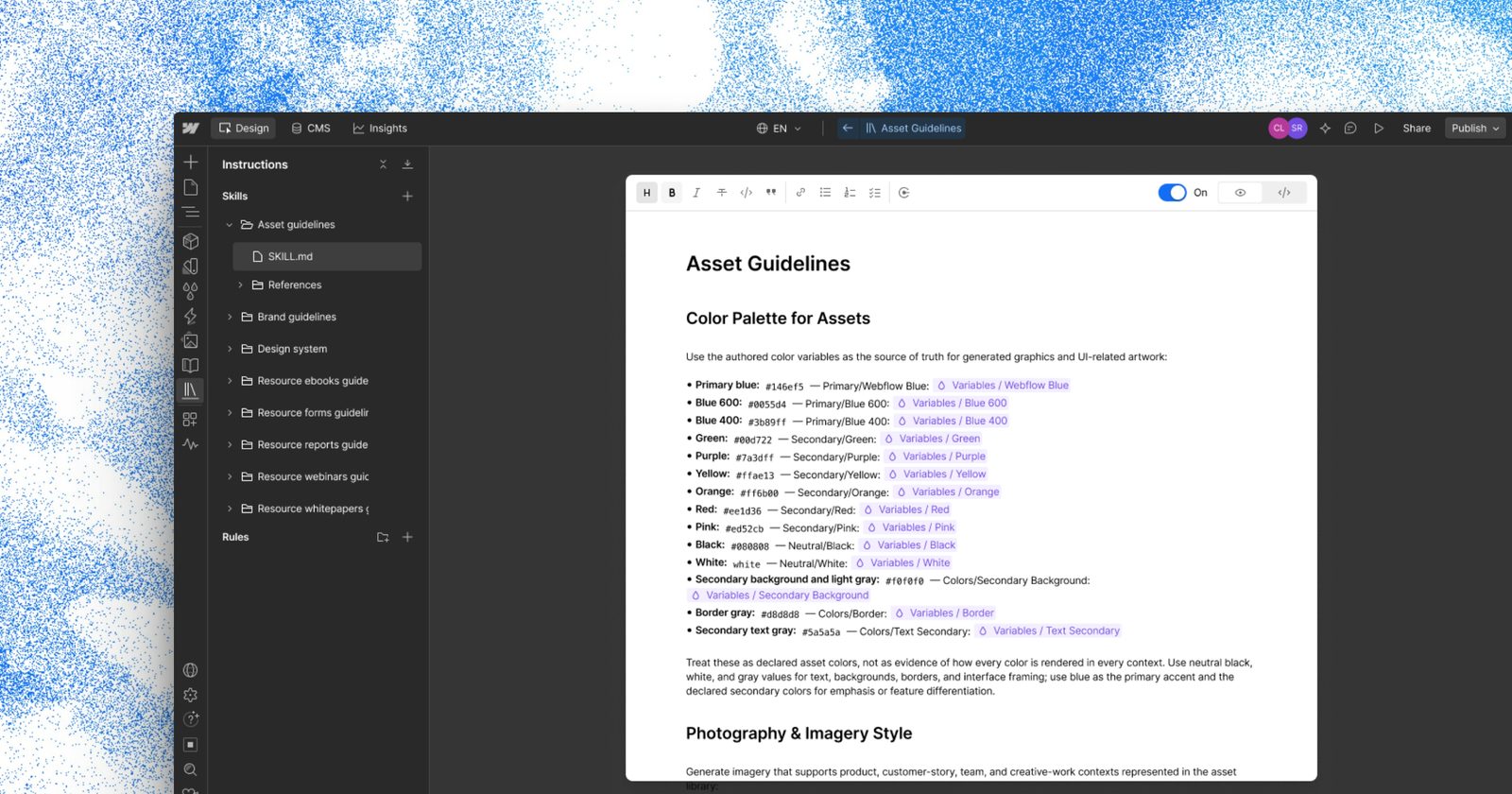 Webflow Agent Instructions generation drafting brand and design system guidelines