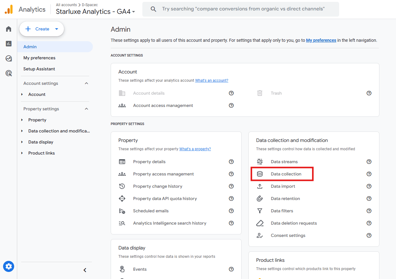 Example of a GA4 data collection settings screen