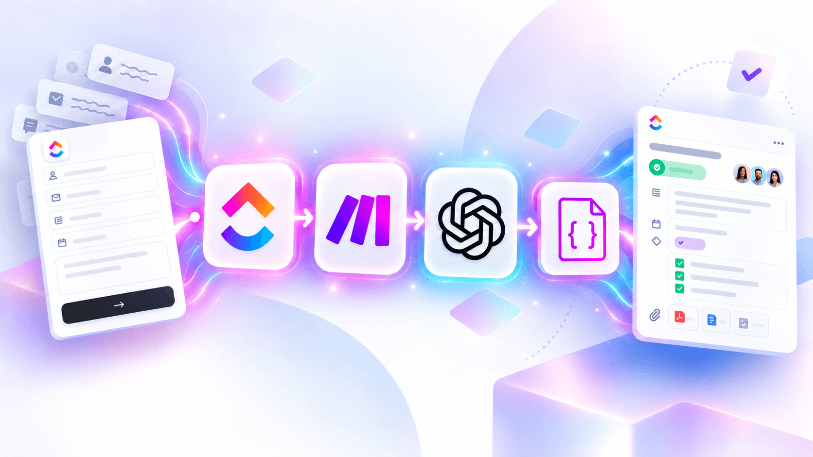 AI-powered ClickUp workflow graphic with ClickUp, Make.com, OpenAI, and JSON icons