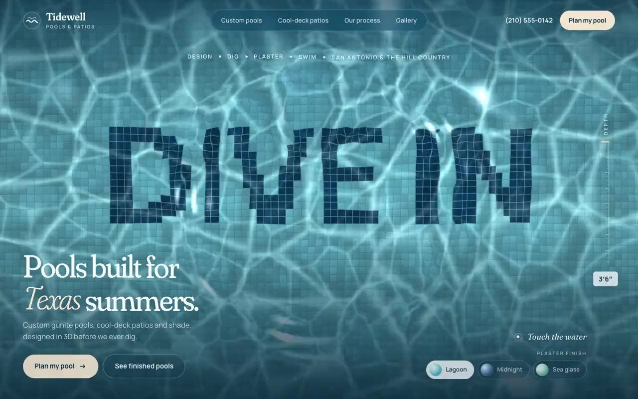 Tidewell Pools landing page with live pool water and a DIVE IN tile word