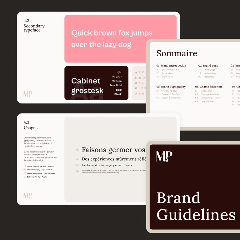 Aperçu d'une autre parties de la Brand Guidelines de Maëlle Purenne intégrant l'UI kit, conçu par la directrice artistique Diana SOM. Sur un fond marron foncé, une superposition de fiches épurées détaille le sommaire du guide de style, la typographie secondaire Cabinet Grotesk (déclinée du Light au Black sur des blocs rose et bordeaux), ainsi que les règles d'usages typographiques pour les titres et paragraphes.