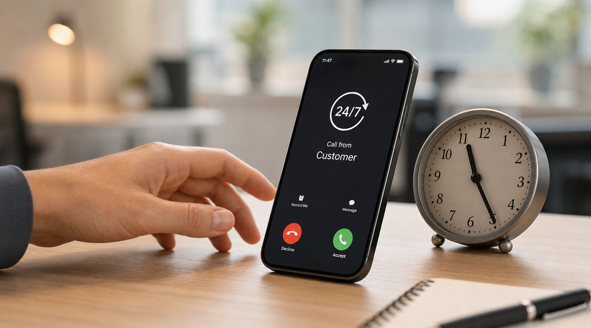 A smartphone on a desk showing an incoming 24/7 customer service call with a hand nearby.