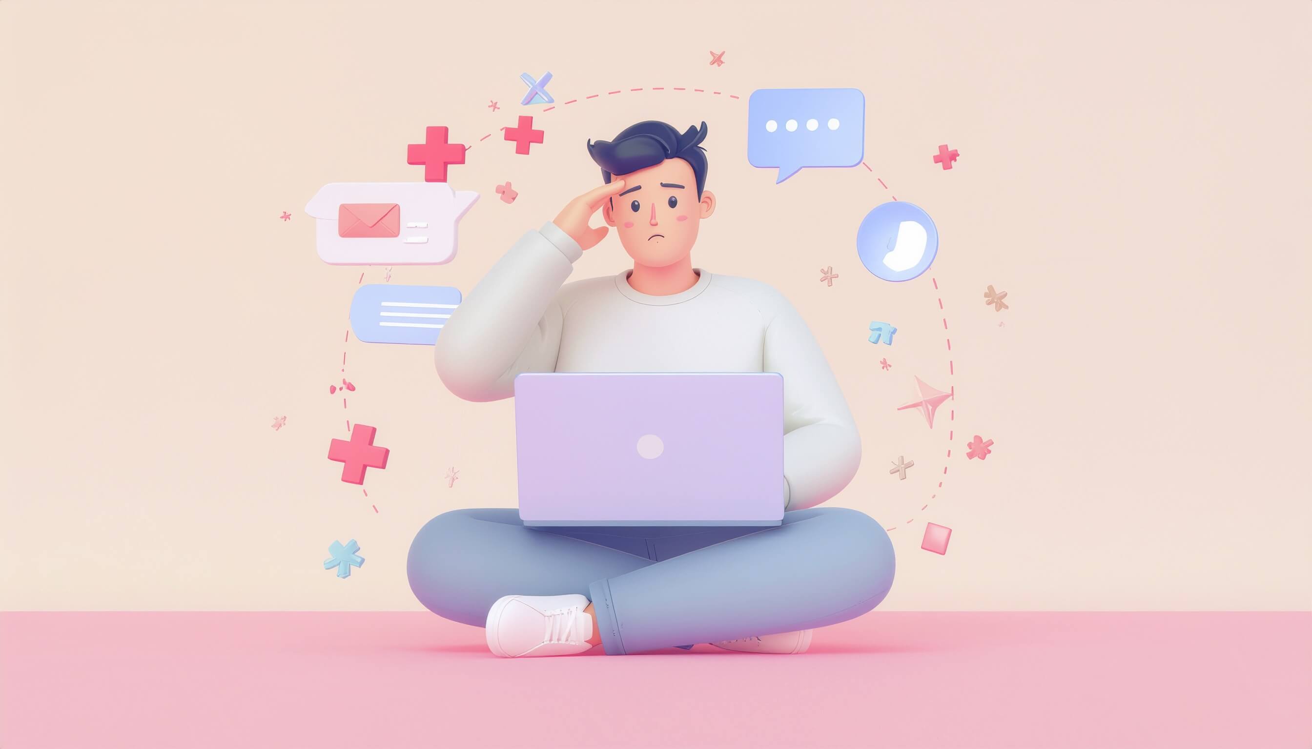 Flat illustration of a YouTube creator looking confused at a laptop, surrounded by warning icons and examples of bad thumbnail design.