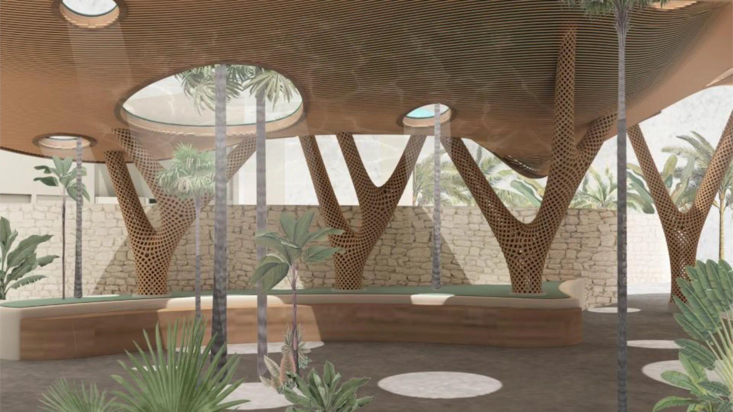 Interior perspective of the Ahau Tulum bamboo canopy, highlighting circular skylights designed to preserve existing trees and the parametric lattice structure of the columns.
