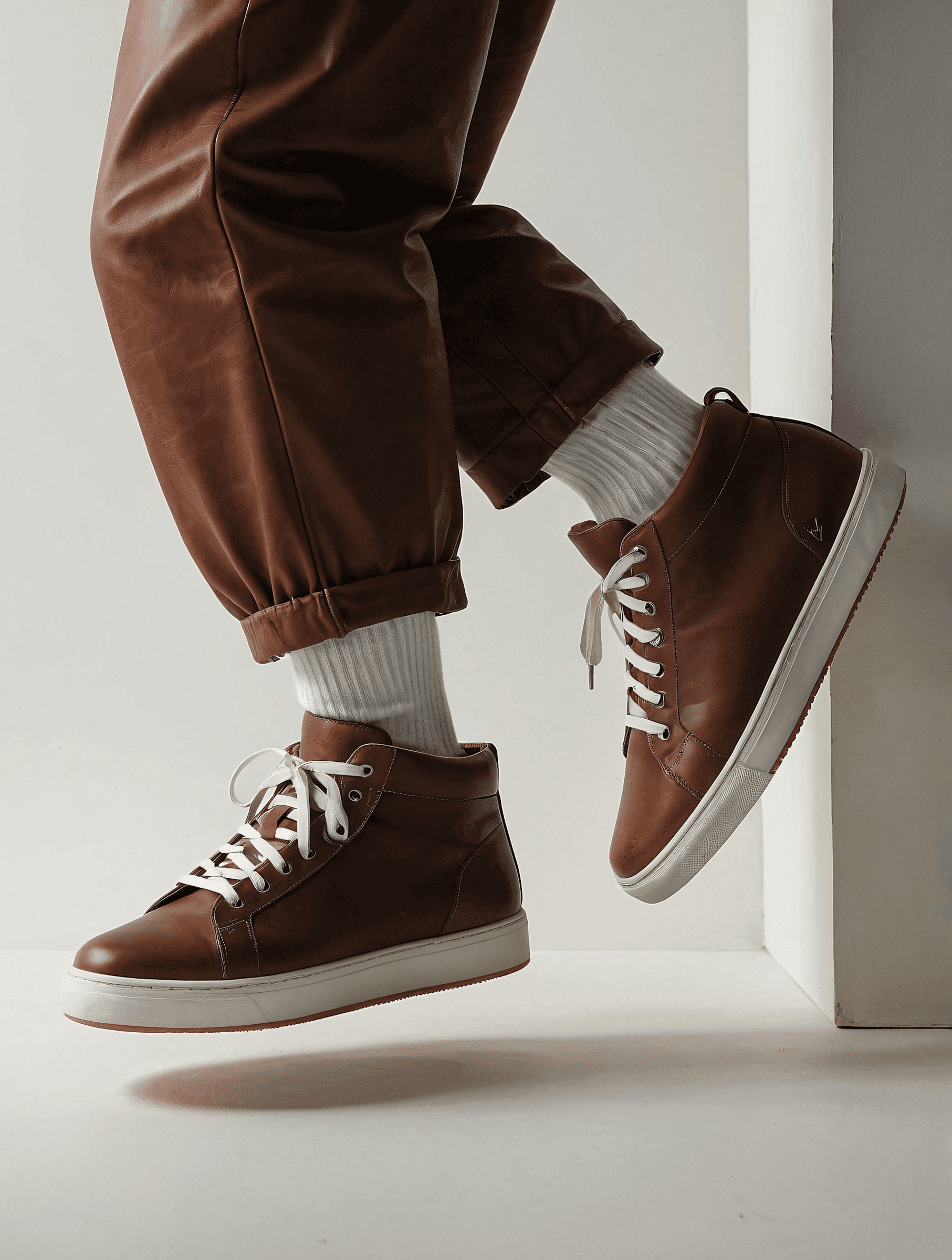 Stylish brown leather high-top sneakers with white laces, paired with white socks and brown leather pants in a minimalistic setting.