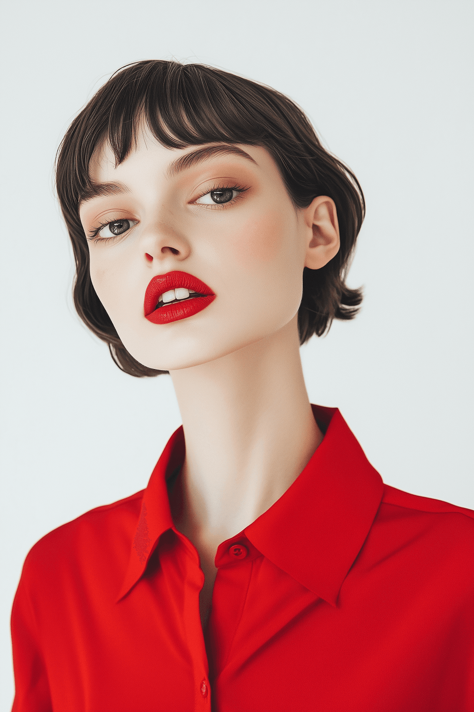 Short-haired woman with red lipstick and confident expression