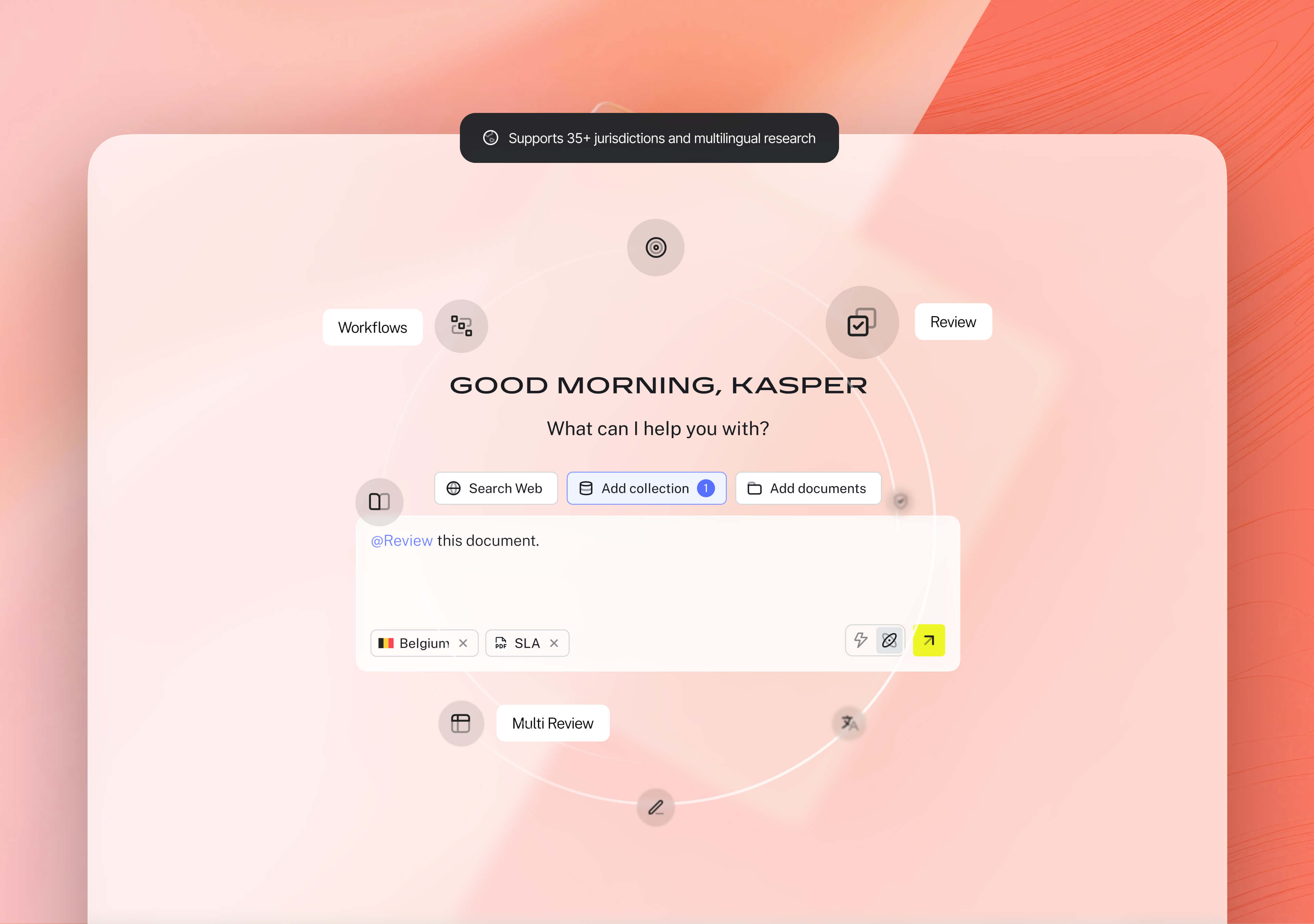 LEGALFLY interface for starting legal workflows and reviewing documents through a conversational UI