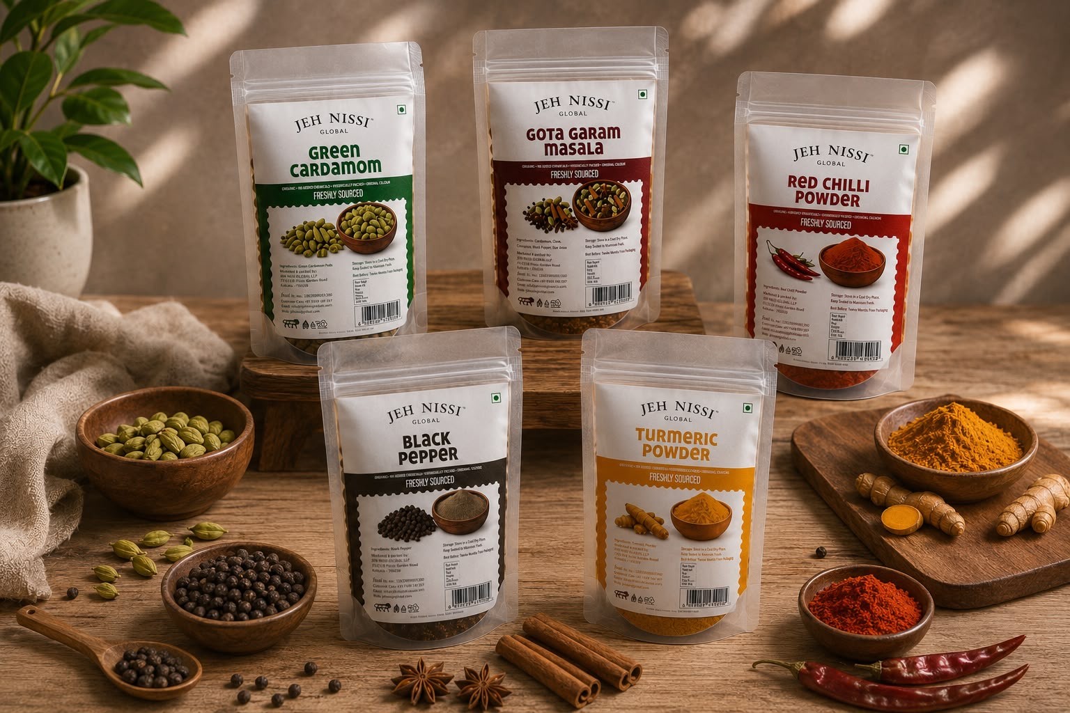 “Neatly packed spices, sealed to preserve freshness and arom