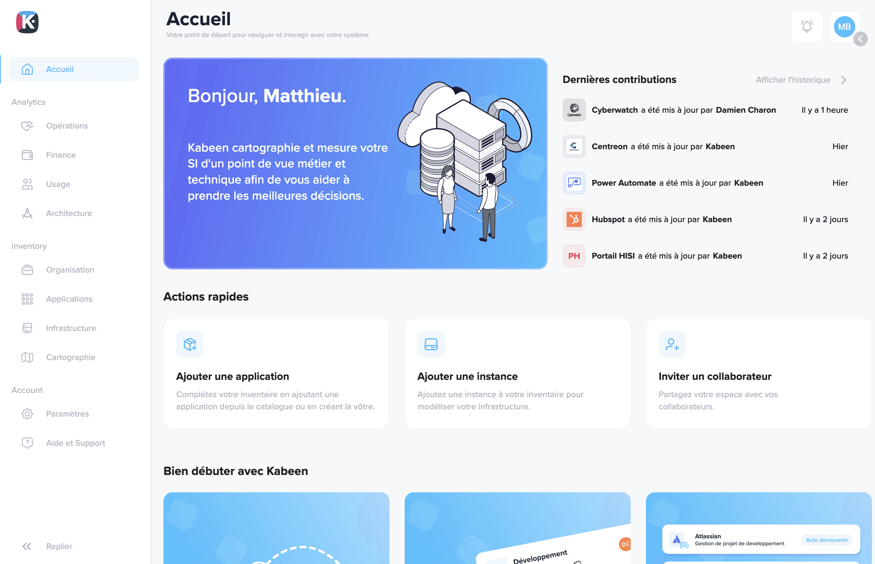Page d'accueil de Kabeen avec le nouveau menu de navigation